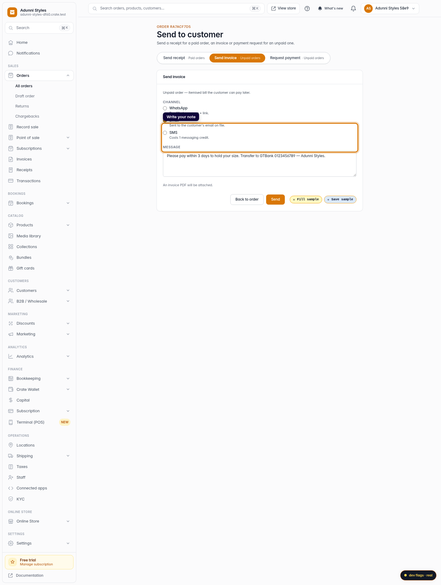 Add a note when you send an invoice: step 5 (web)