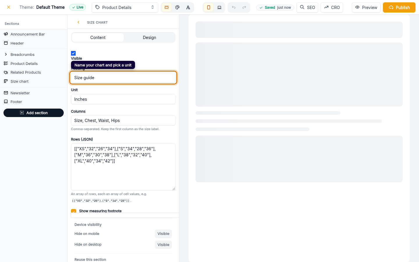 Adding a size chart to your store: step 2 (web)