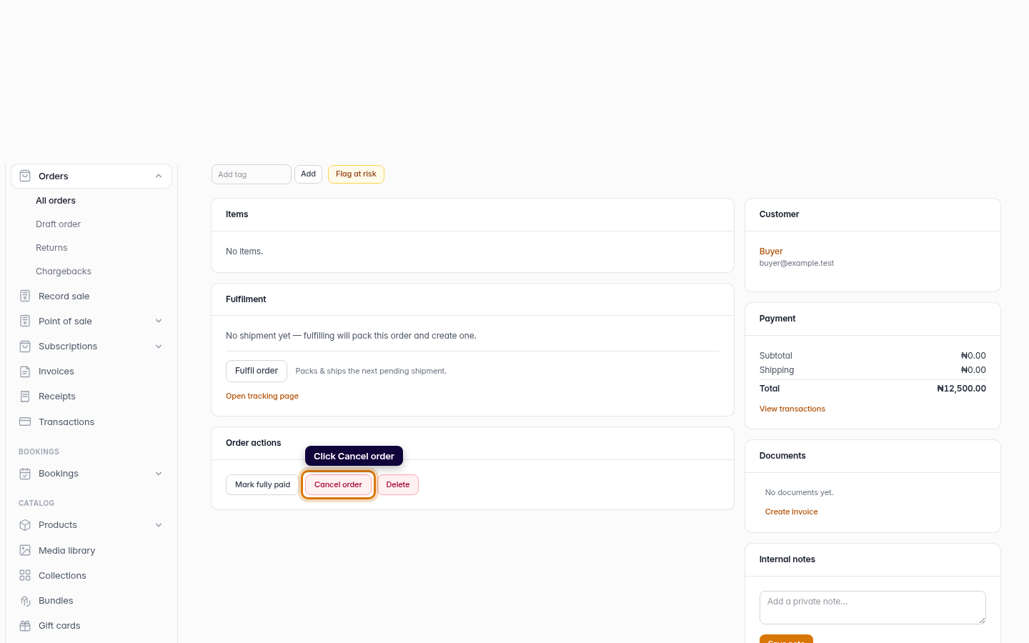 Cancelling an order: step 2 (web)