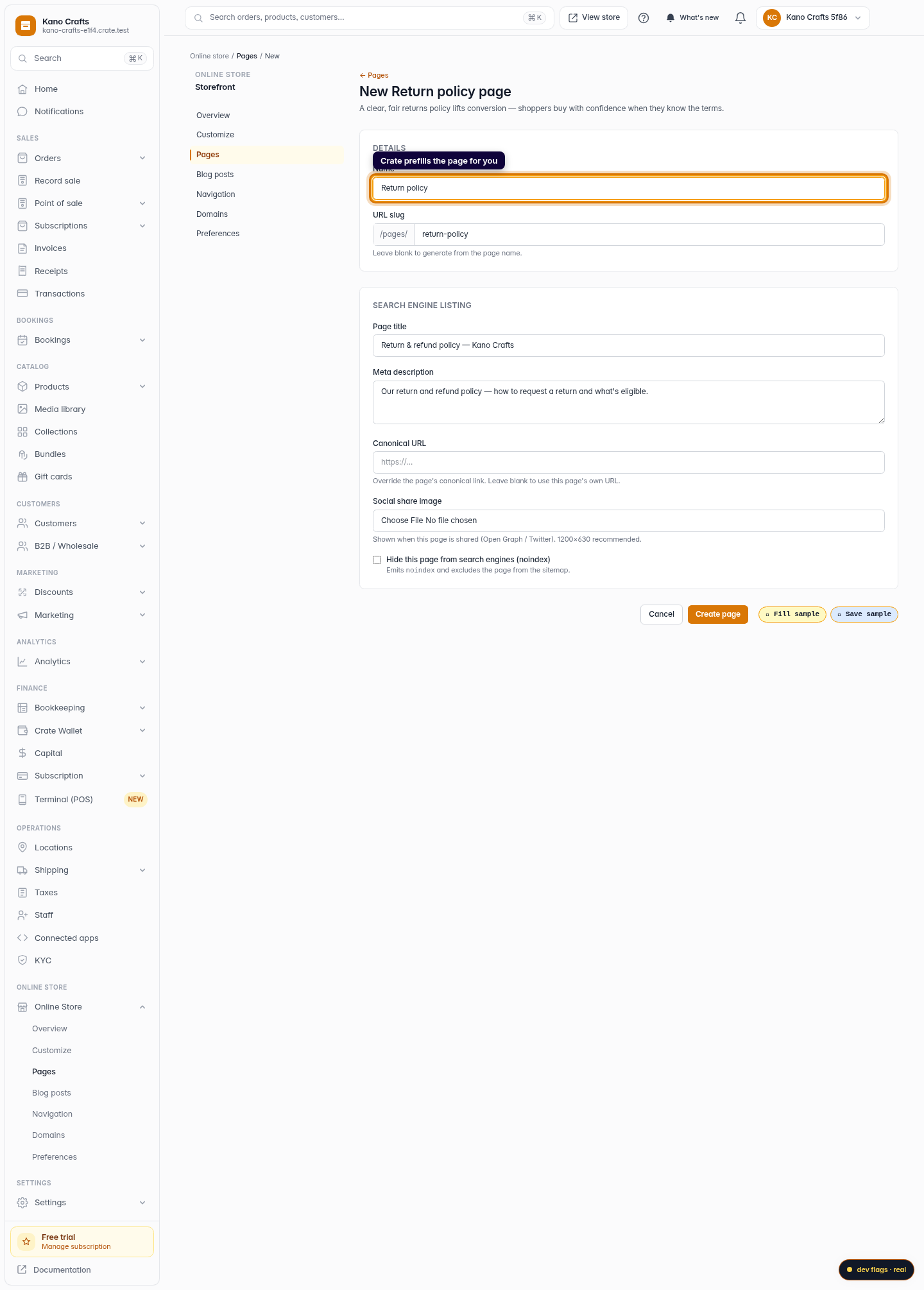 Add a return policy page: step 3 (web)