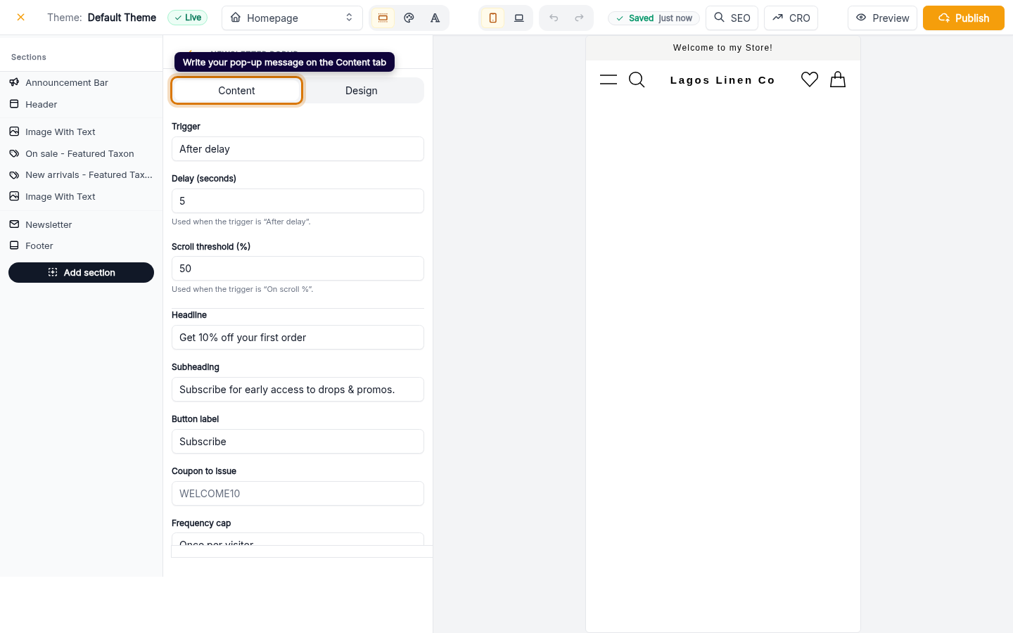 Add or edit your newsletter pop-up: step 3 (web)