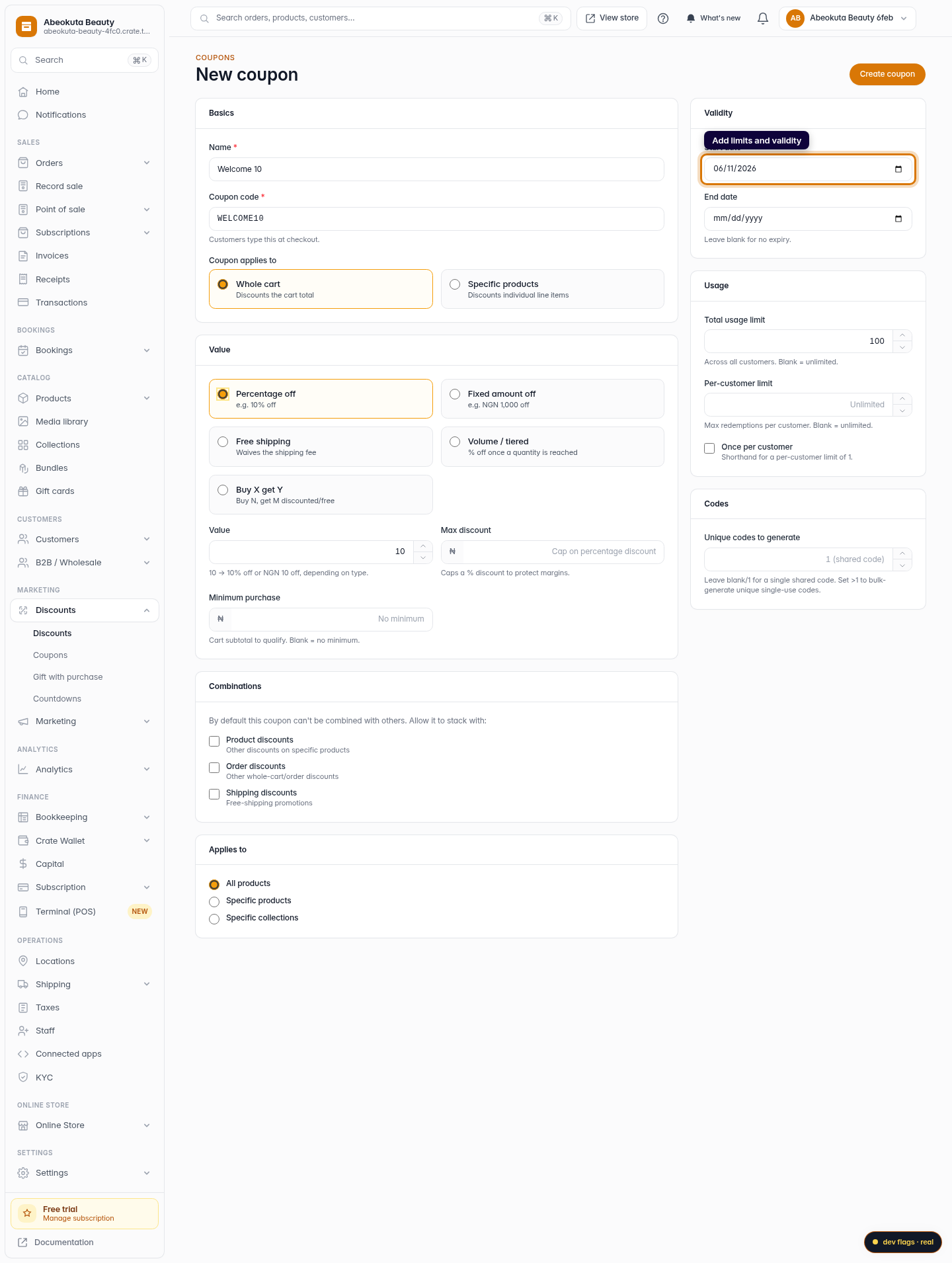 How to create a coupon: step 6 (web)