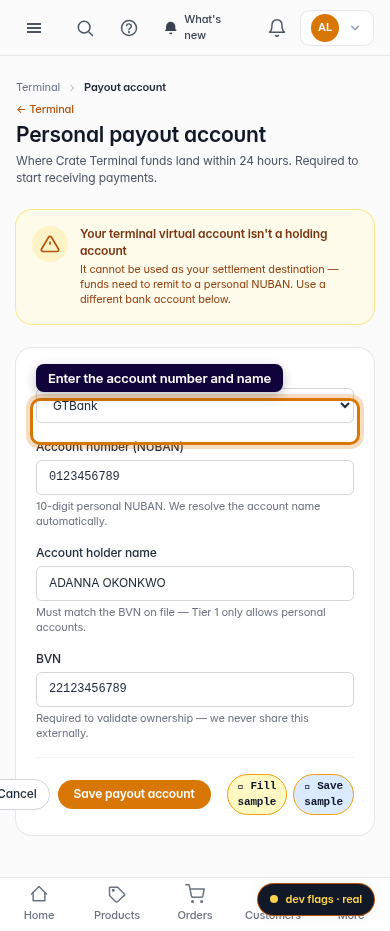 Upload your payout account for Terminal: step 4 (mobile)