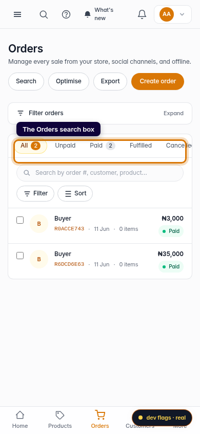Jump to an order from its number: step 1 (mobile)